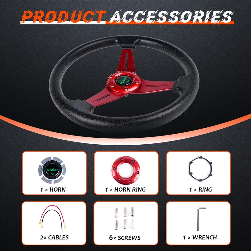 RASTP Universal Racing Steering Wheel 13.8â€/350mm 6 Bolts Grip Vinyl Leather & Aluminum with Horn Button for Car -Red - Image 4